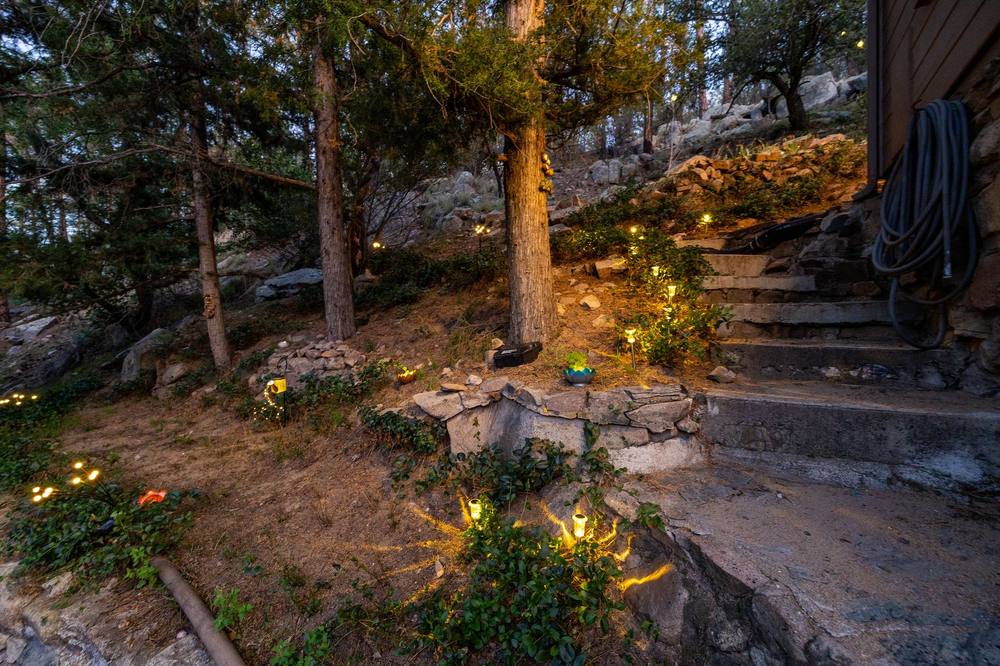 Garden path fairy lights at twilight